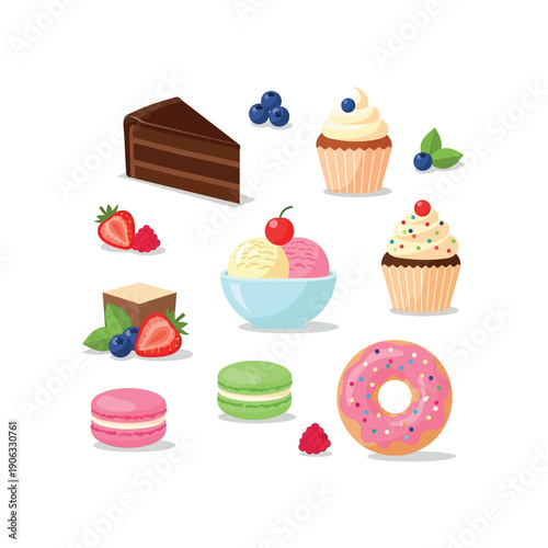 Colorful dessert illustrations featuring cakes, cupcakes, ice cream, and pastries on a clean white background