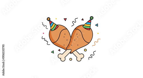 Fried Chicken Legs Celebrating with Party Hats on White Background