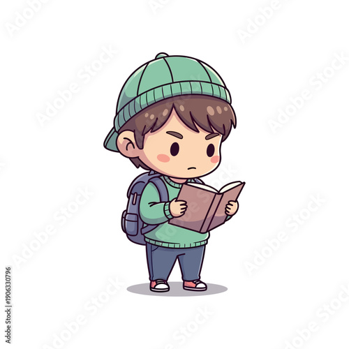 Young boy in green beanie reading map with concerned expression standing alone outdoors