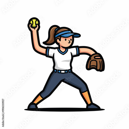 A female softball player in mid-pitch