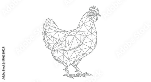 A wireframe chicken stands against a white background, depicting a geometric poultry form.