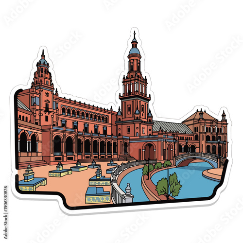 A colorful illustration of a large Spanish-style building with a tower