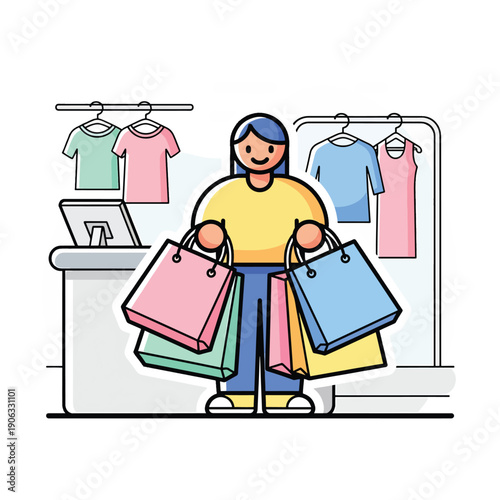 A cartoon woman with shopping bags