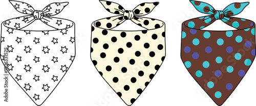 Vector set of knotted dog bandanas featuring star and polka dot patterns isolated on white background for pet fashion apparel.