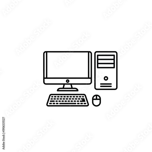Desktop computer workstation icon with monitor system unit keyboard and mouse on checker