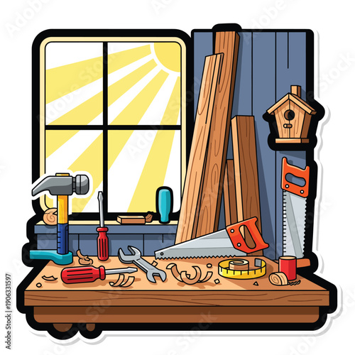 A cluttered workshop table with tools and wood