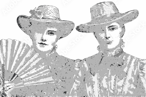 Vintage illustration of two women wearing hats and formal attire