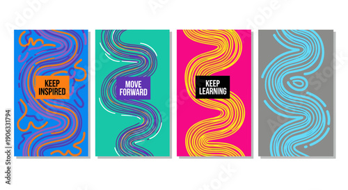 A collection of four abstract posters with vibrant colors and unique designs.