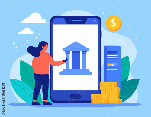 flat vector illustration of a person using mobile banking app on smartphone,