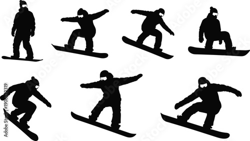 Professional vector collection of snowboarder silhouettes performing jumps and tricks in winter mountain resort for sports posters extreme adventure and holiday graphic design.