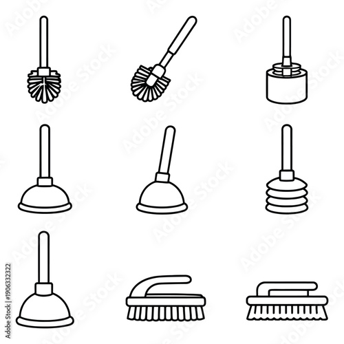 Line art bathroom and cleaning tools set featuring toilet brushes, plungers, and scrub brushes for home maintenance and sanitation