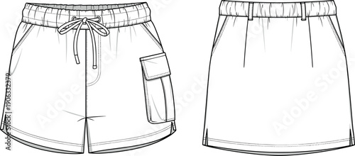 Women's casual shorts and skirt technical fashion flat sketch vector template with cargo pockets and elastic waist.