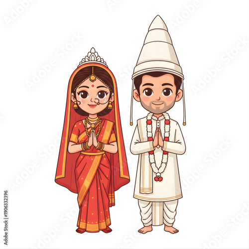 Indian Bengali bride and groom during wedding ceremony, bride in red saree, groom in traditional dhoti kurta and topor, sweet cartoon faces
