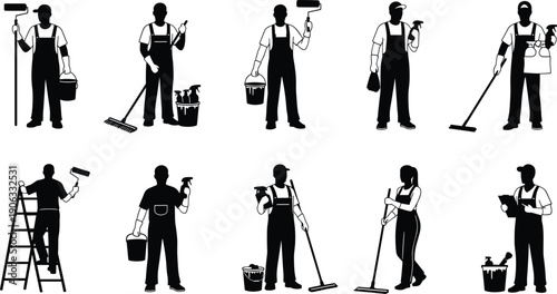 Professional vector collection of cleaner and painter silhouettes featuring workers with mops rollers and buckets for home maintenance commercial cleaning and renovation graphic design.