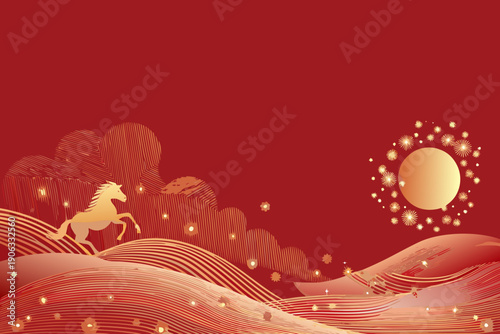 Golden horse running through a red landscape with a glowing sun