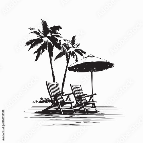 Two Beach Deckchairs Under Wooden Umbrella Silhouette Vector