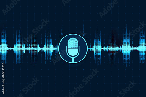 A blue background featuring a microphone and sound wave visualization