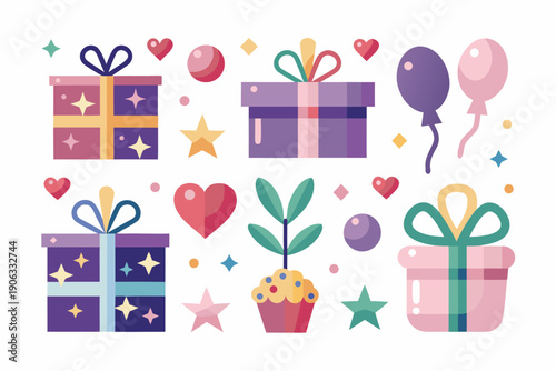 Colorful birthday celebration illustration with gifts balloons and decorations