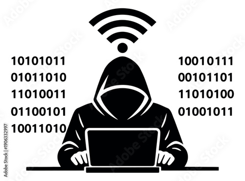 Graphic illustration of a hacker depicting a cyber attack with binary code for internet security