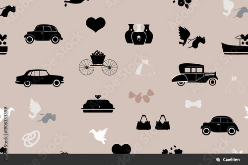 Vintage themed seamless pattern with cars hearts and wedding motifs