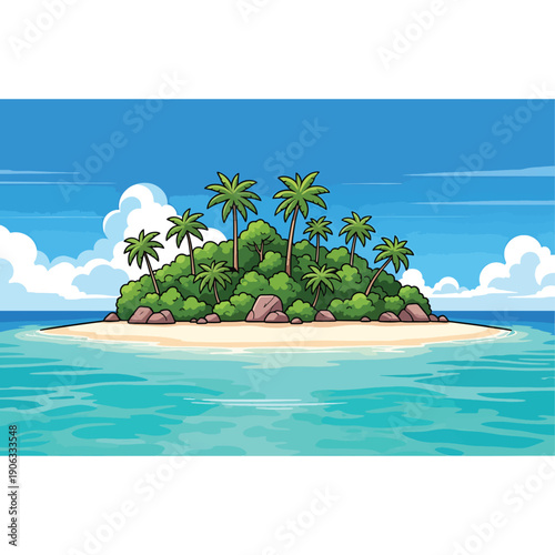 A serene island with a sandy beach and clear blue waters