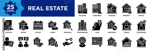Real estate icon set collection. Icon pack contains property, housing, building, apartment, condo, land, mortgage, rental, tenant, affordable