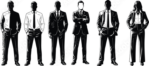 Professional vector collection of business people silhouettes in formal suits and office attire for corporate leadership, team management, and successful career growth concepts.
