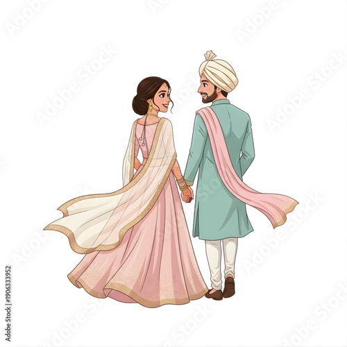 Vector caricature of Indian bride and groom walking away holding hands
