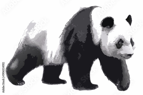 A monochrome illustration of a panda walking forward side view
