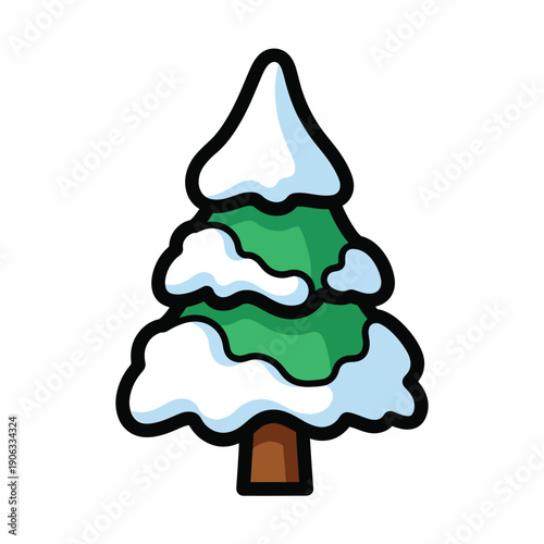 A cartoonish evergreen tree with snow