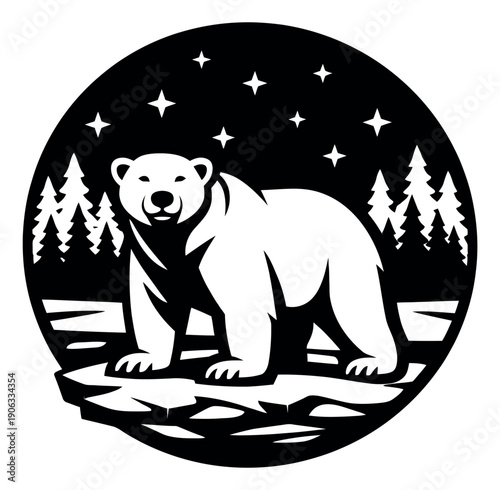 Monochrome stylized illustration of a polar bear depicting a winter night scene for arctic wildlife concepts