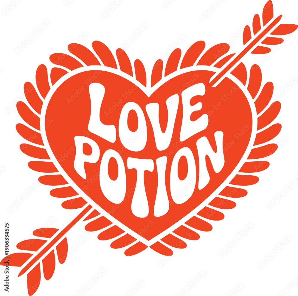 Obraz premium Love potion text in heart with feather leaf frame and arrow vector for valentine holiday design