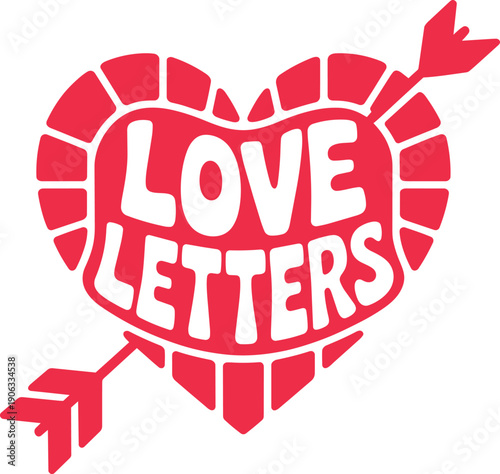 Love letters retro typography inside mosaic patterned heart frame with bow arrow artistic design