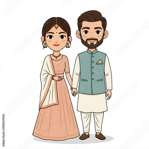 Modern Indian bride and groom with minimal outfits, simplified caricature