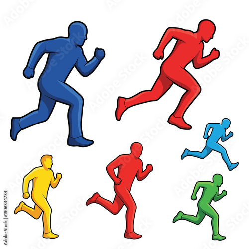 A colorful illustration of six human figures running