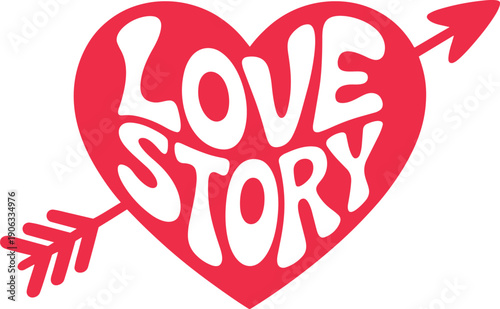 Red heart shape with love story typography and cupid arrow for valentines day romantic greeting