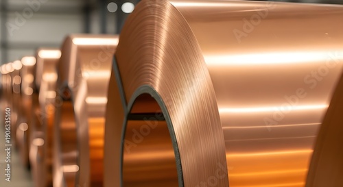 Copper Sheet Coils: Row of large polished copper metal rolls in warehouse, industrial manufacturing, metallurgy resource and hardware storage concept