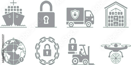 Decentralized data sovereignty server silhouettes. Collection of icons representing secure global shipping and logistics services