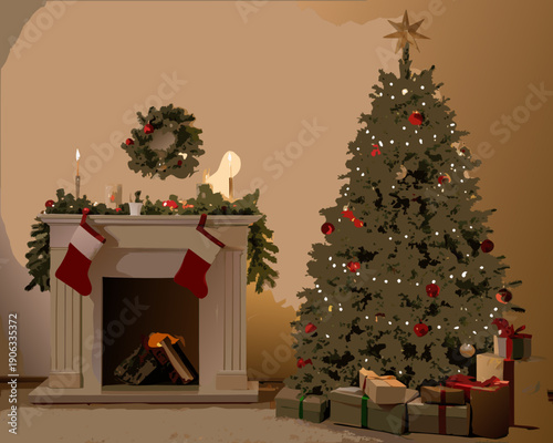 Festive christmas scene with a decorated tree fireplace and gifts