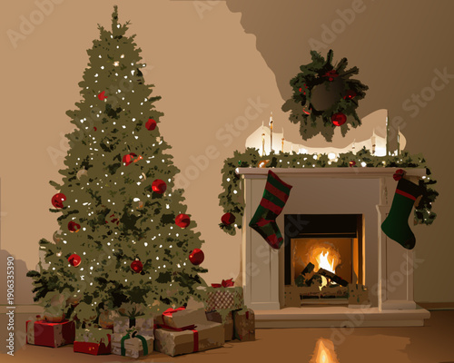 A festive christmas scene with a decorated tree fireplace and stockings