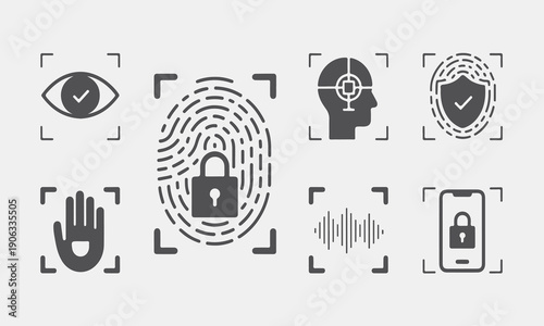 Multi factor biometric identity silhouettes. Various biometric security authentication icons with checkmarks and scanning frames