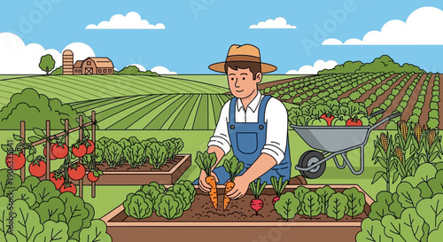 An active senior woman and a young child work together in a sunny summer garden with their dog while watering plants in the green farm field