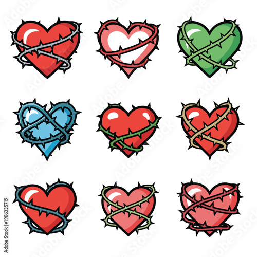 A collection of nine heart designs with barbed wire