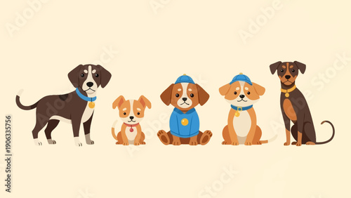 A cute cartoon vector illustration of a happy girl and dog with a puppy and pets, designed for kids who love animals and childhood