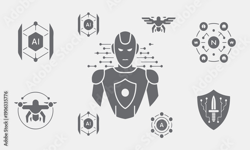Autonomous cyber defence agent silhouettes. Modern futuristic robot surrounded by artificial intelligence and technology icons design