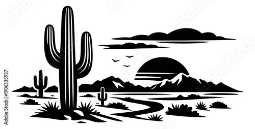 Silhouette illustration of a desert landscape depicting saguaro cacti, mountains, and a sunset for nature and travel concepts