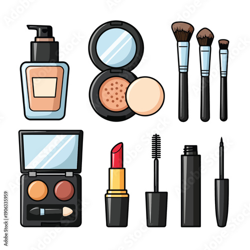 A colorful illustration of various makeup products and tools