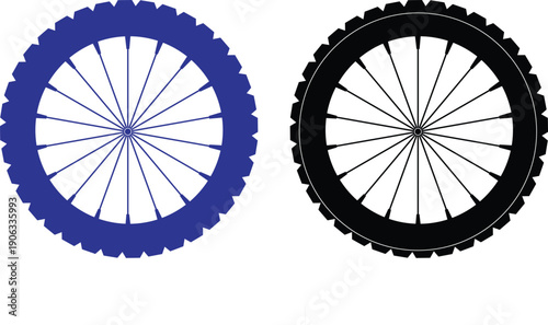 A blue and a black bicycle wheel side by side
