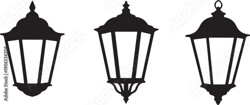 Black silhouette lanterns with different on white background lamp street lamp
