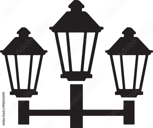 Black silhouette of three street lamps on a single pole lamp post white background